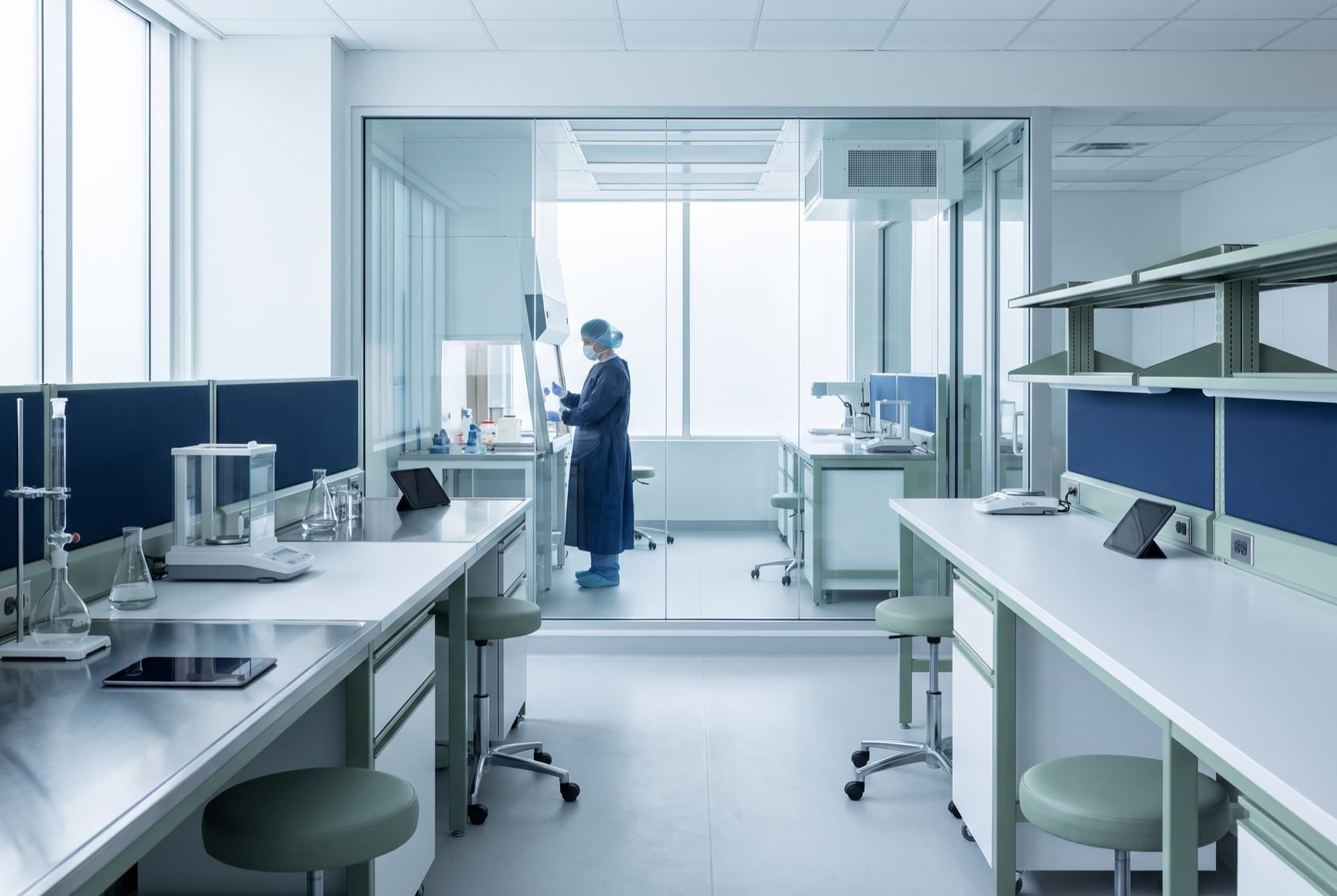 Interior of AlleReach's modern 503A compounding lab viewed through a glass cleanroom partition.