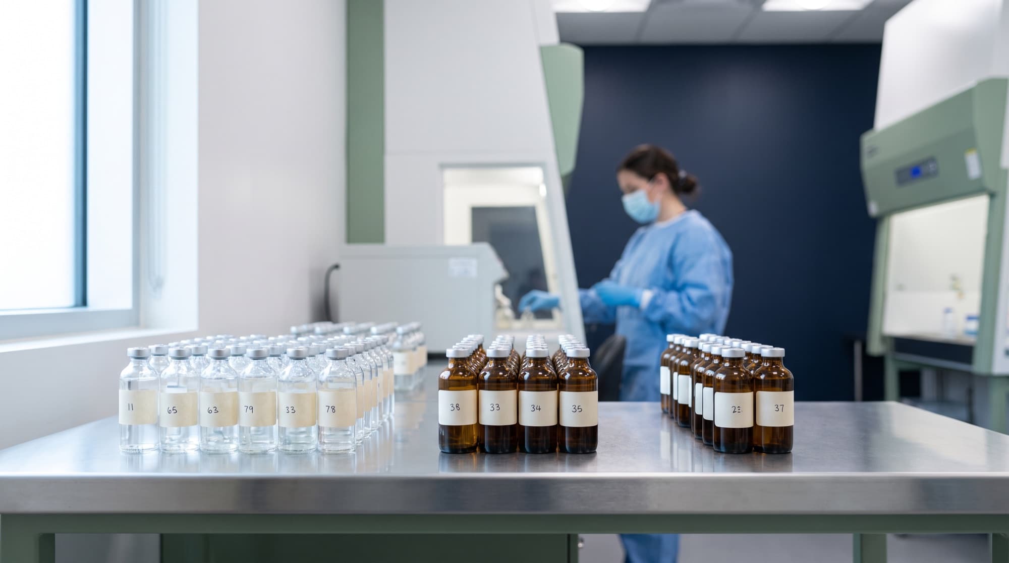 Compounding cleanroom at AlleReach with rows of labeled allergen extract vials on a stainless-steel counter and a pharmacist working under a laminar-flow hood.