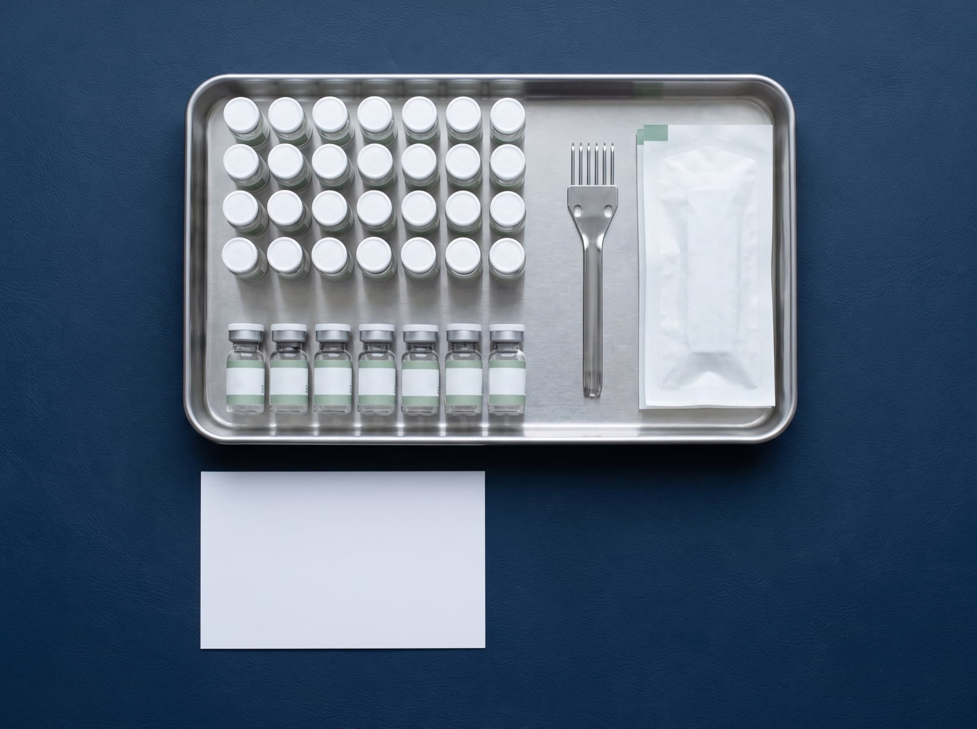 Flat-lay of an in-office allergy testing kit with applicators and labeled test panels.